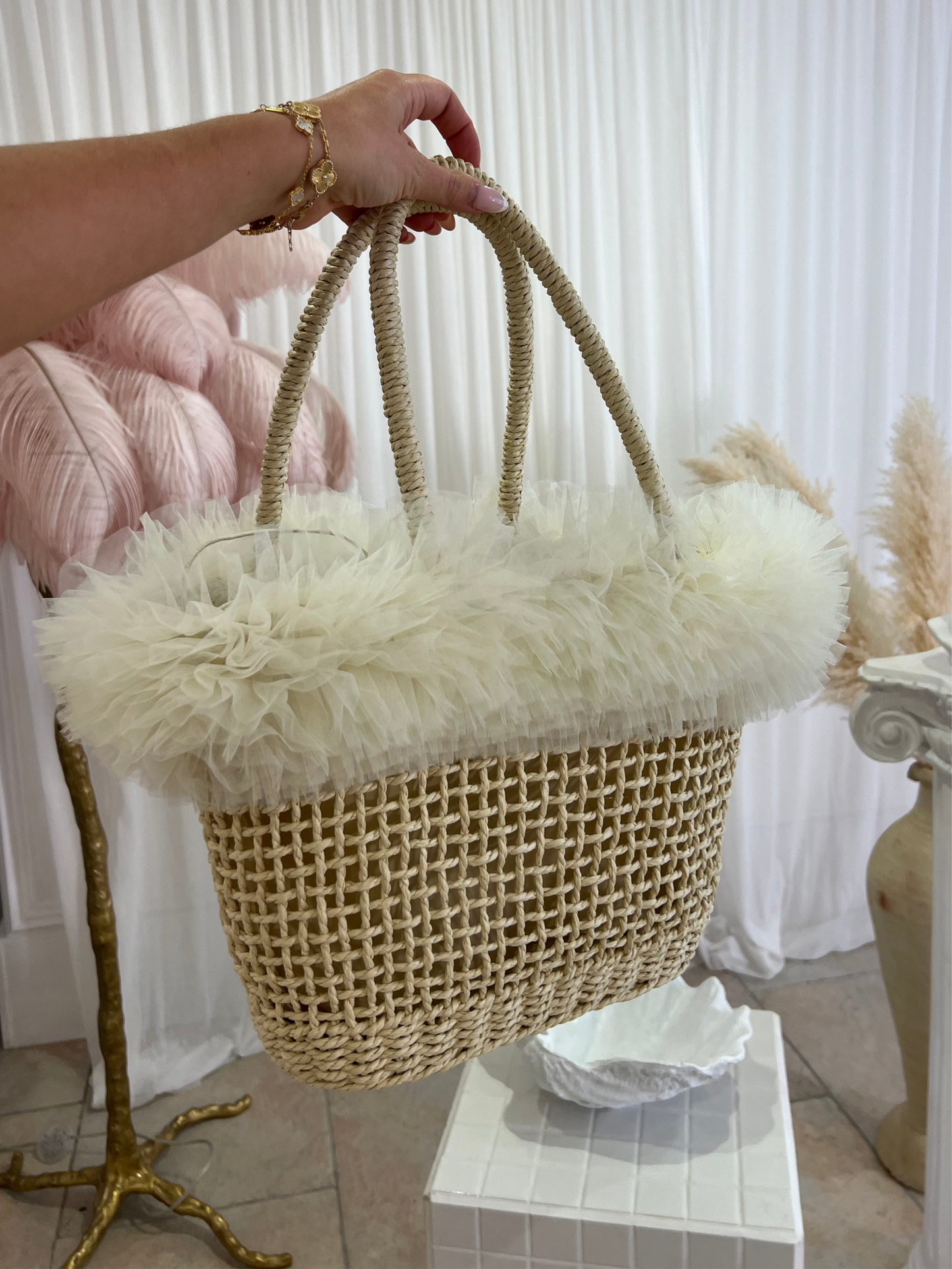 BELLA Cream Frill Straw Beach Bag