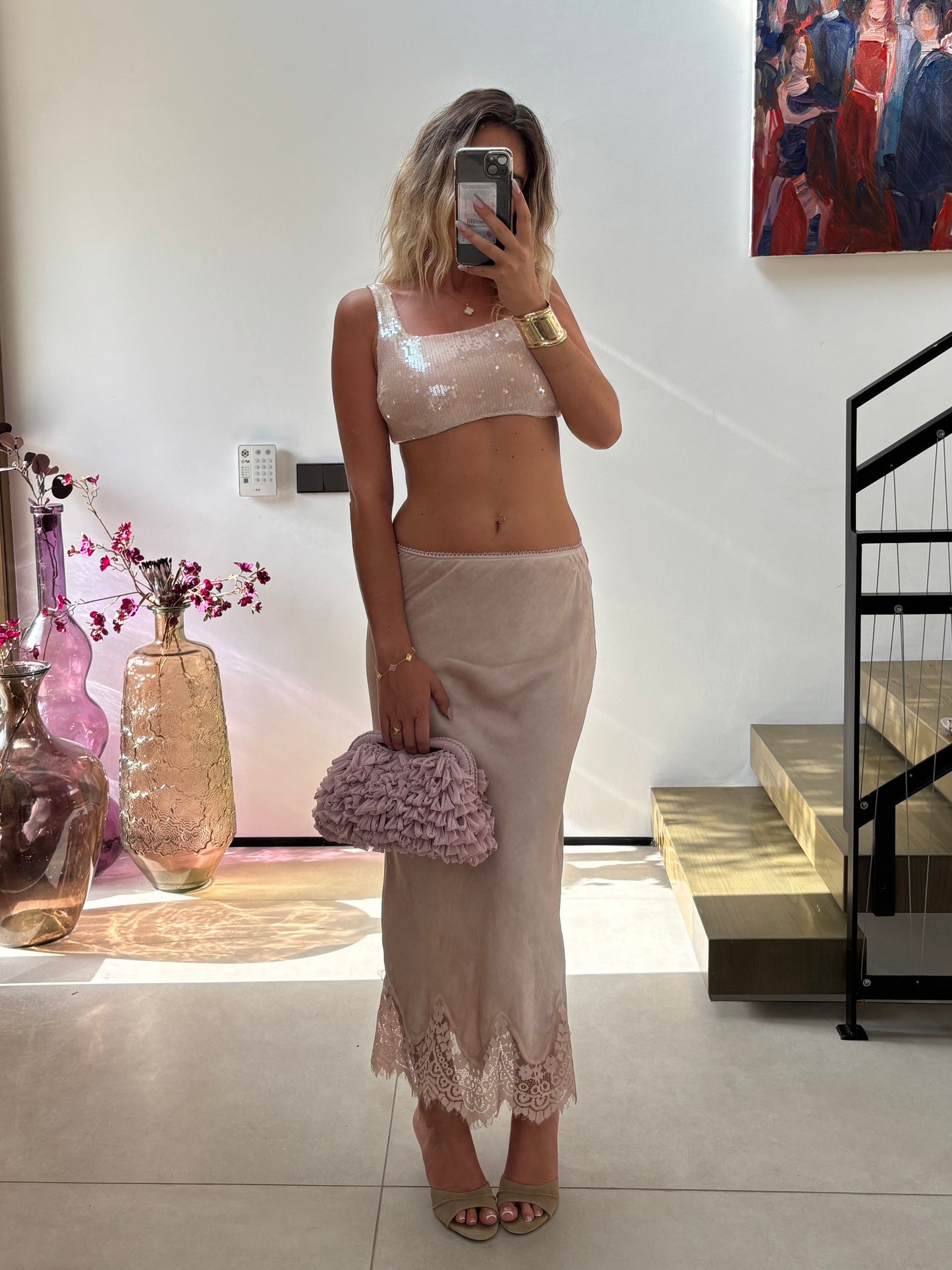 Blush satin skirt