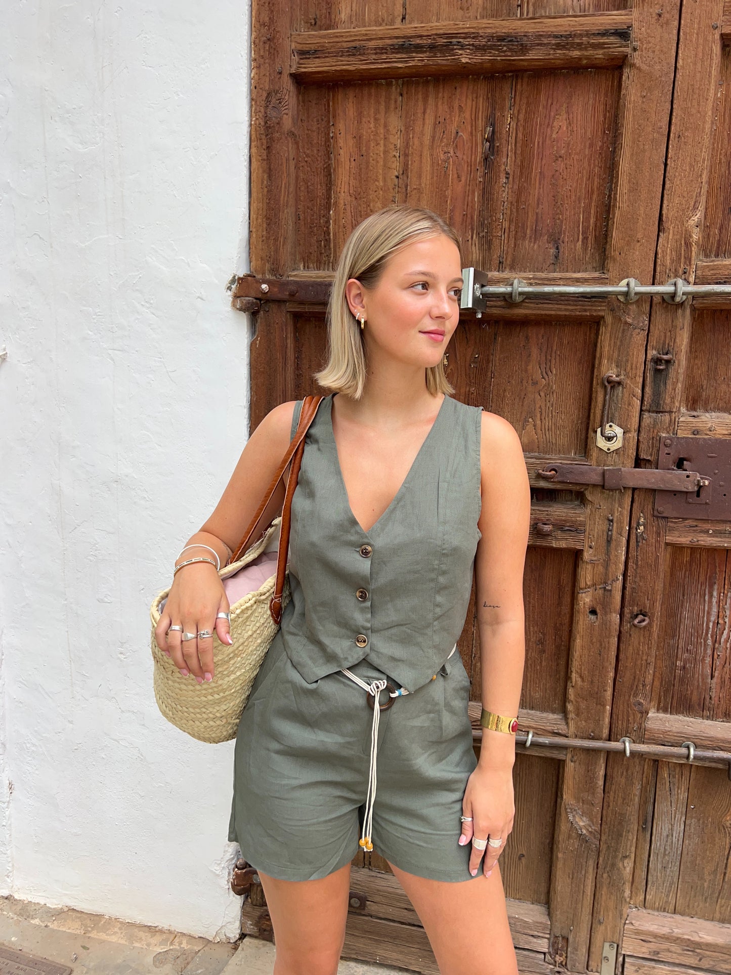 IMMY Linen Look Waist Coat Short Set in Olive