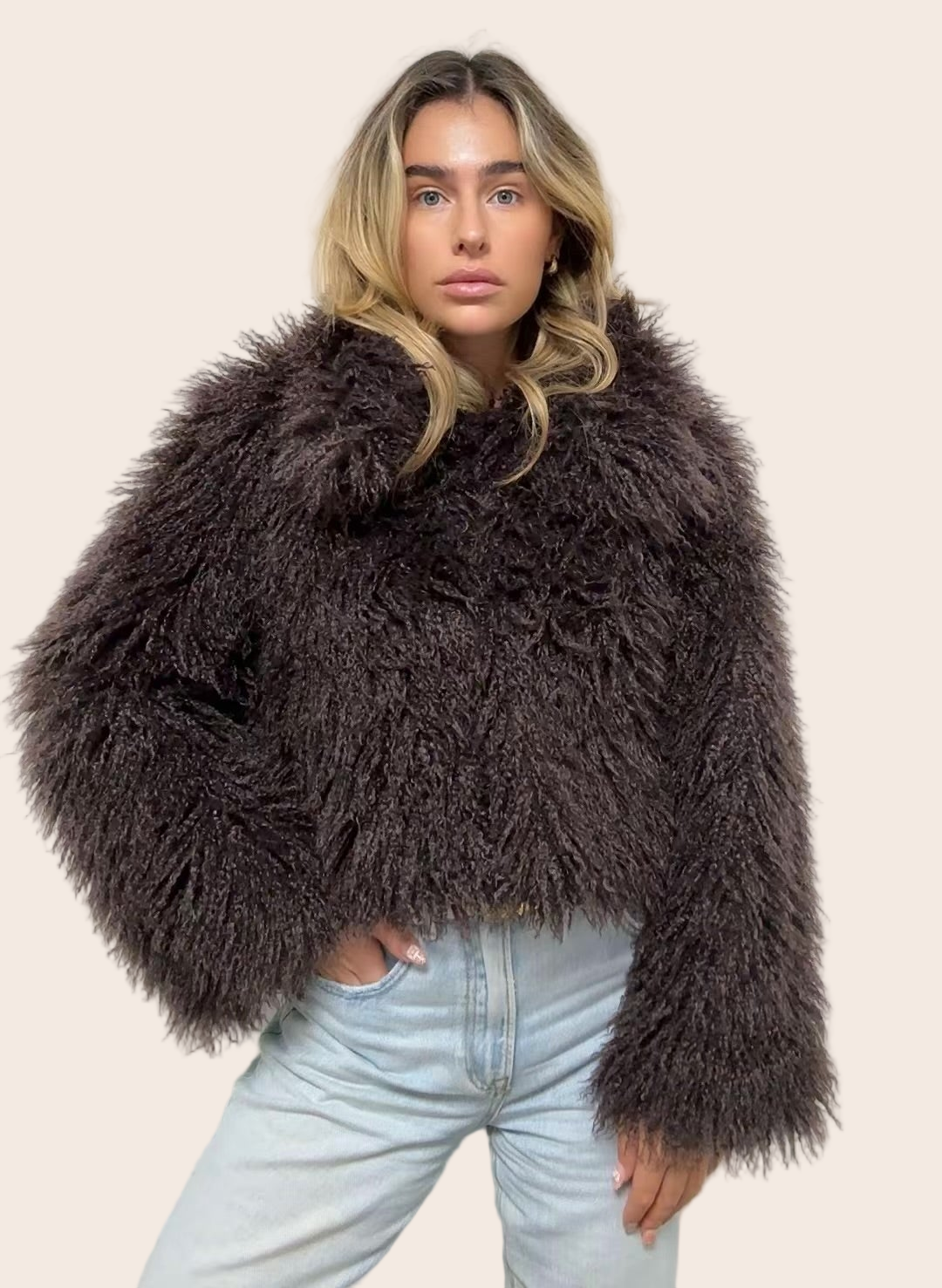 NOEL LUXURY VEGAN MONGOLIAN CROPPED JACKET IN CACAO