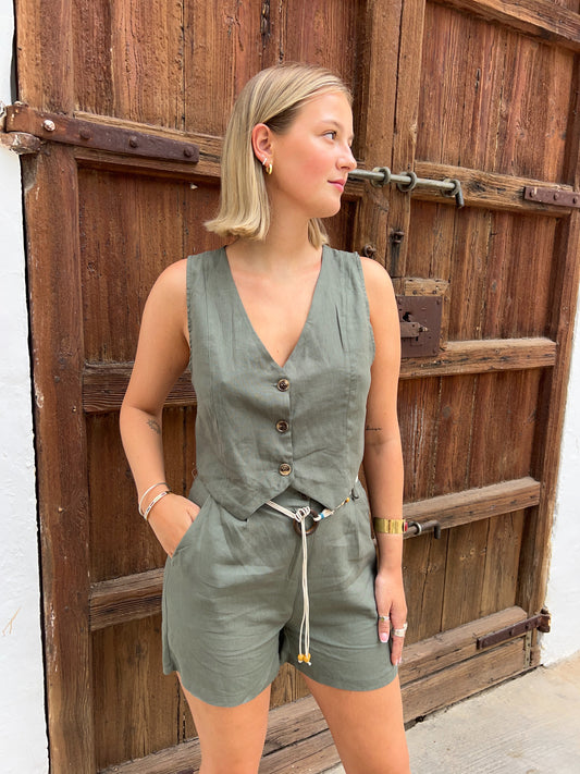 IMMY Linen Look Waist Coat Short Set in Olive