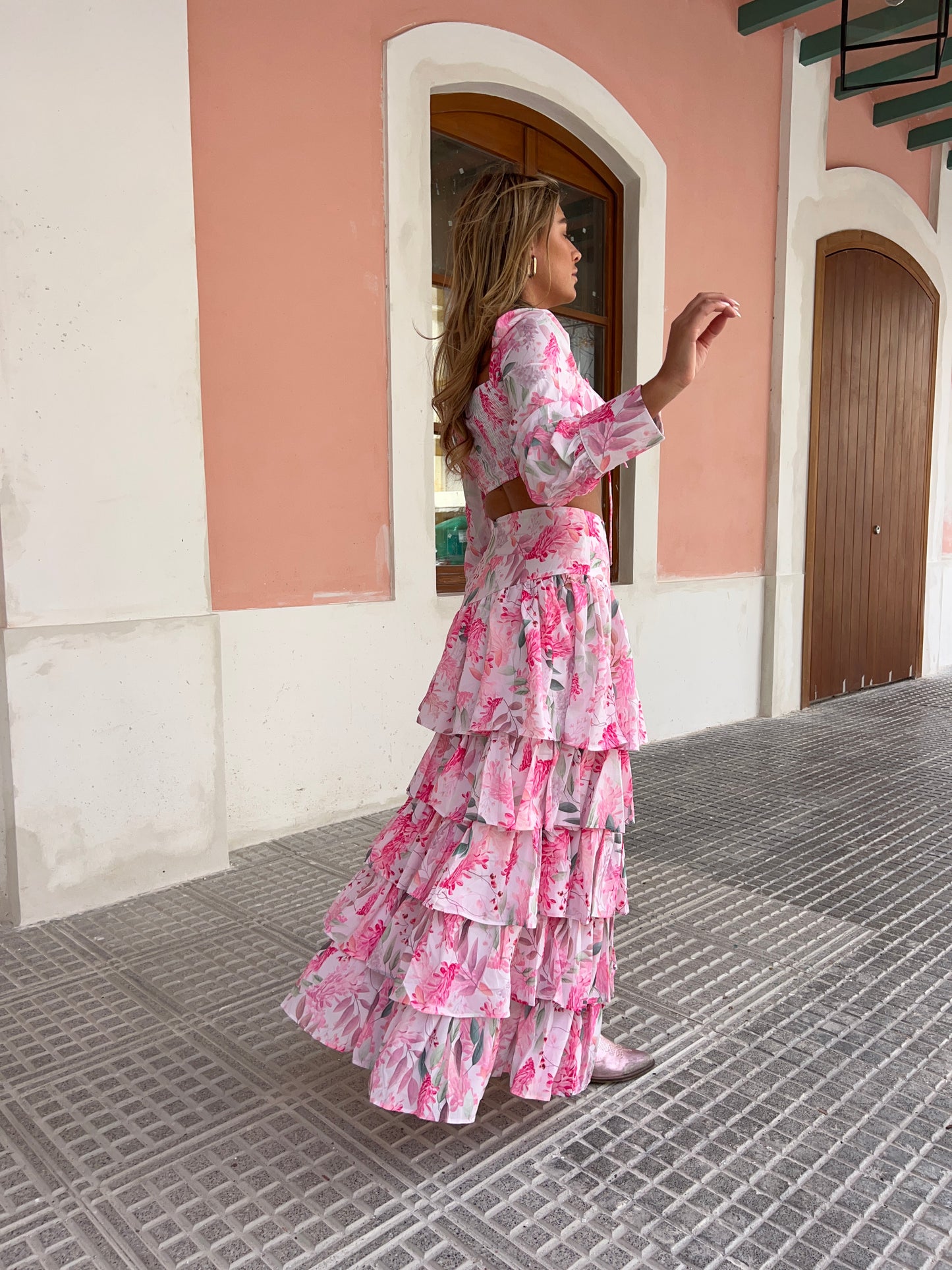 HALLIE Floral Layered Ruffle Set in Pink