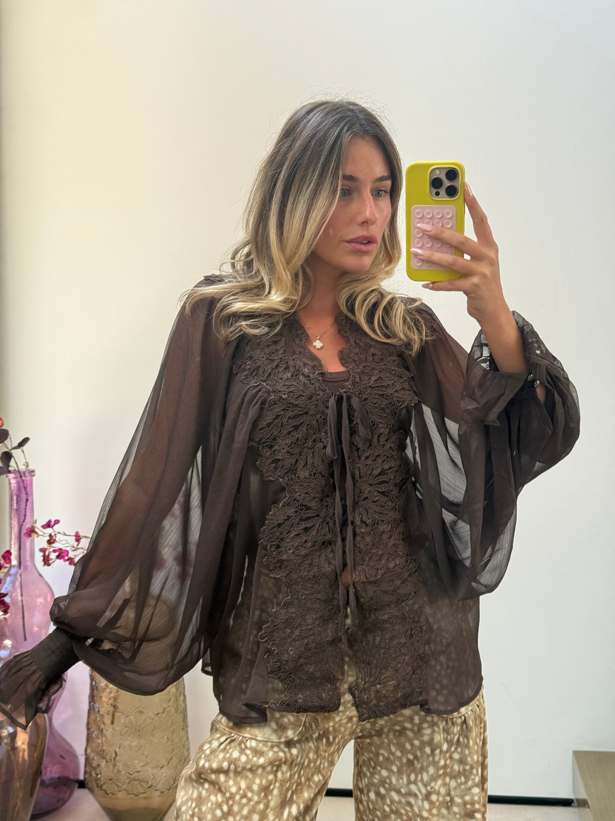 Sheer lace brown shirt