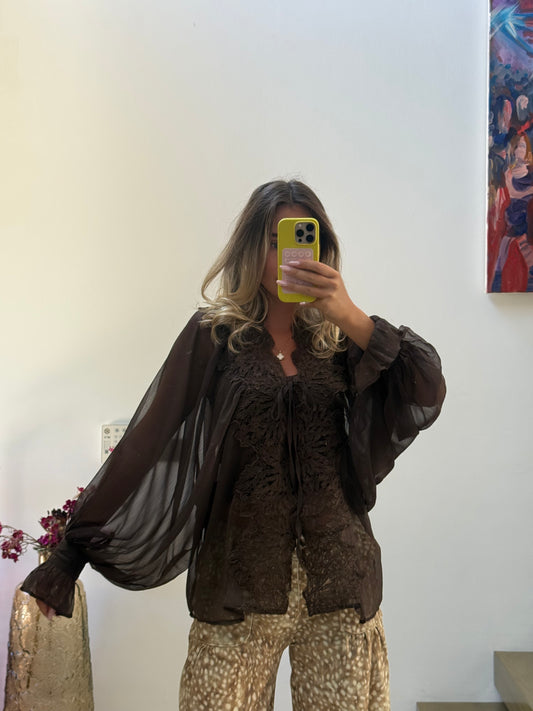 Sheer lace brown shirt