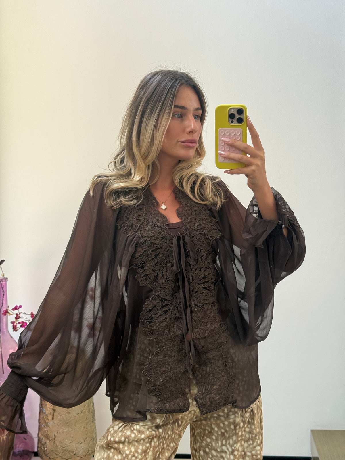 Sheer lace brown shirt
