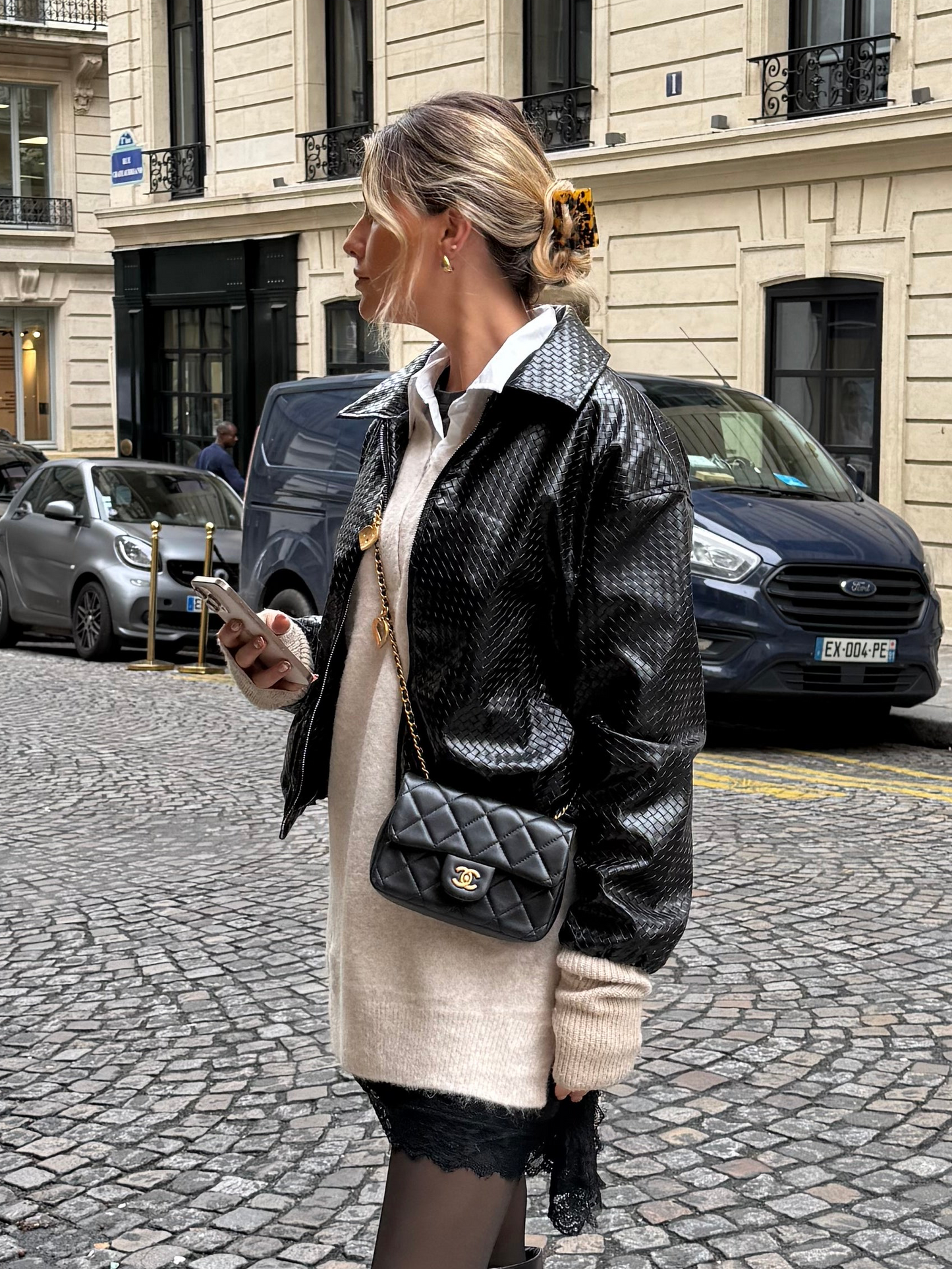 ALLEGRA WOVEN LUXE BOMBER JACKET IN NOIR