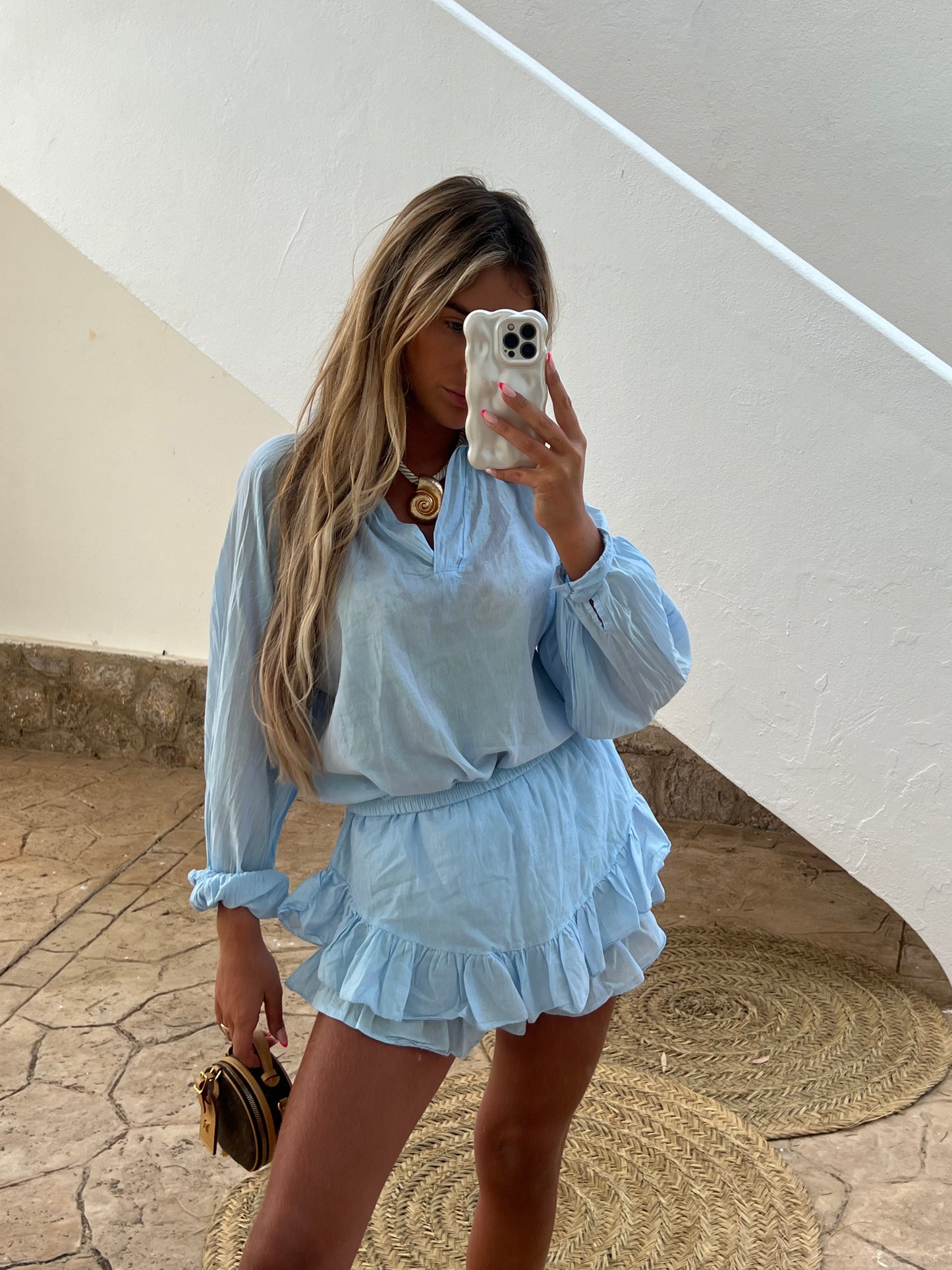 Formentera 2.0 Frill Short and Shirt Set in Blue