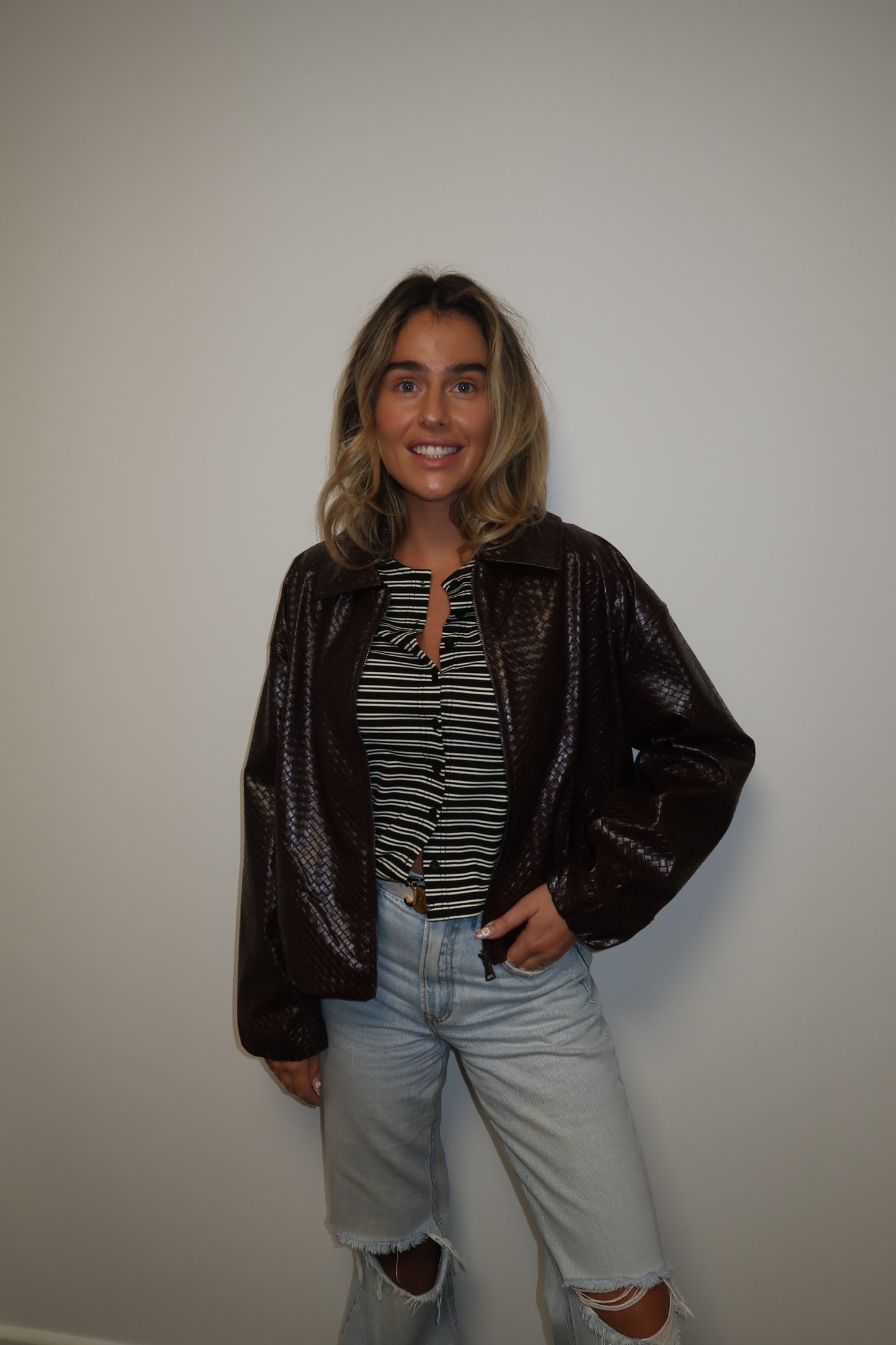 ALLEGRA WOVEN LUXE BOMBER JACKET IN CHERRY