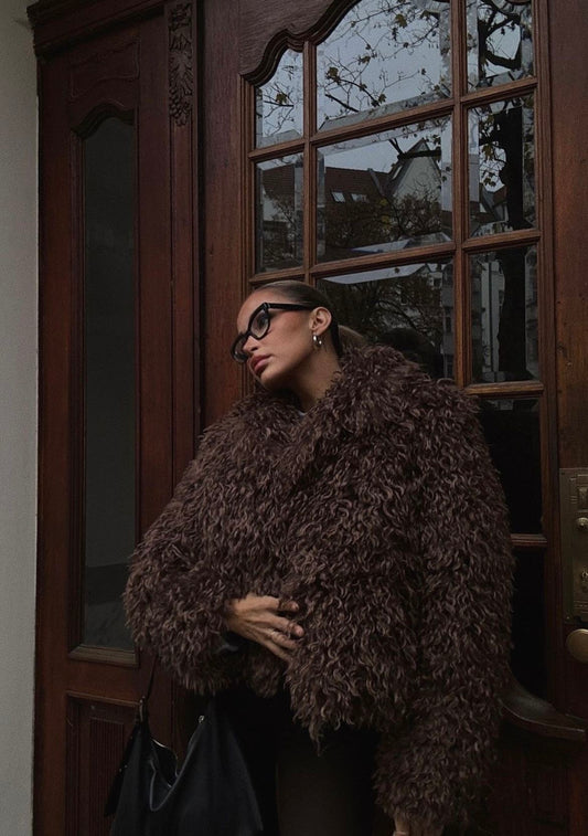 NOEL LUXURY VEGAN MONGOLIAN CROPPED JACKET IN CACAO