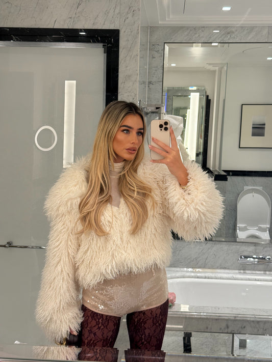 NOEL LUXURY VEGAN MONGOLIAN CROPPED JACKET IN SNOW