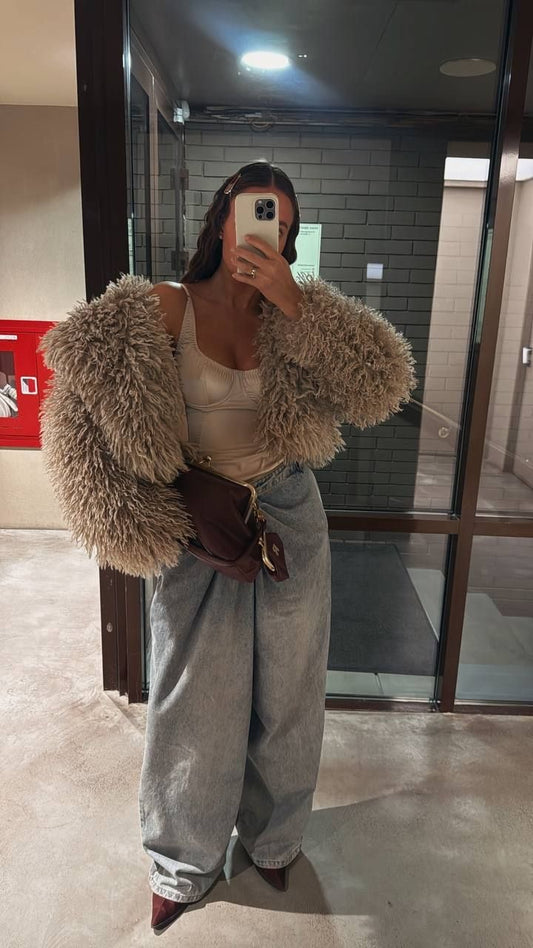 NOEL LUXURY VEGAN MONGOLIAN CROPPED JACKET IN OYSTER