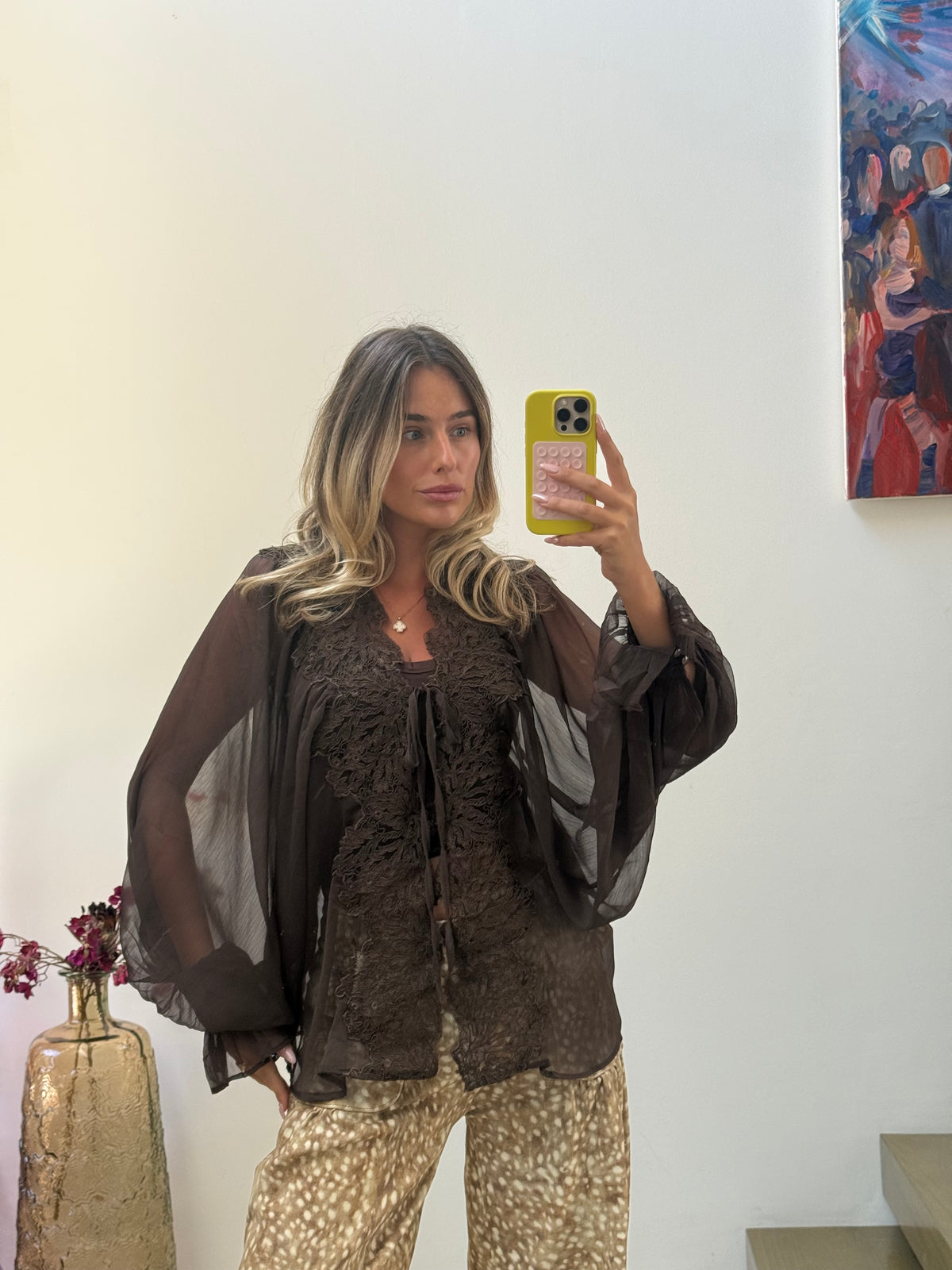 Sheer lace brown shirt