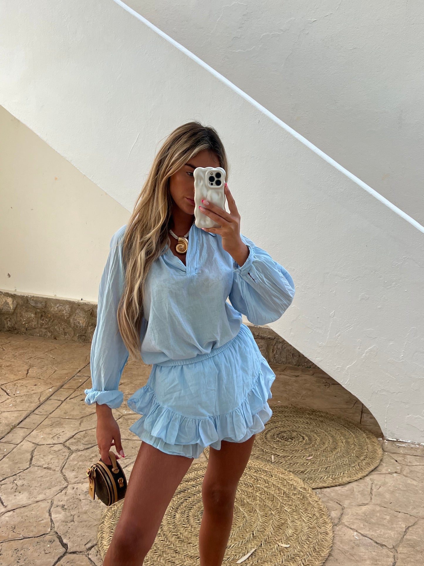 Formentera 2.0 Frill Short and Shirt Set in Blue