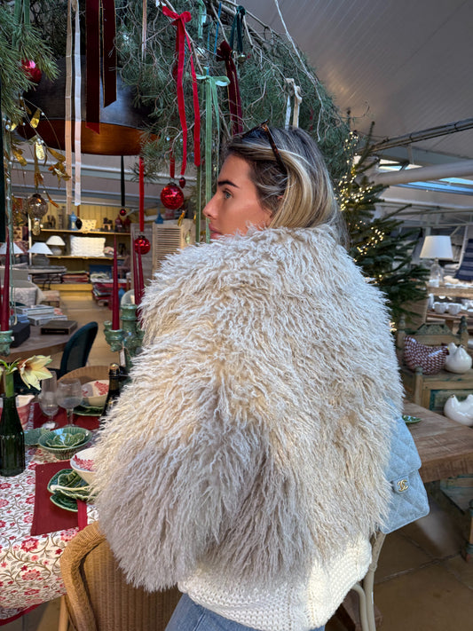 LUXURY VEGAN MONGOLIAN CROPPED JACKET IN OYSTER